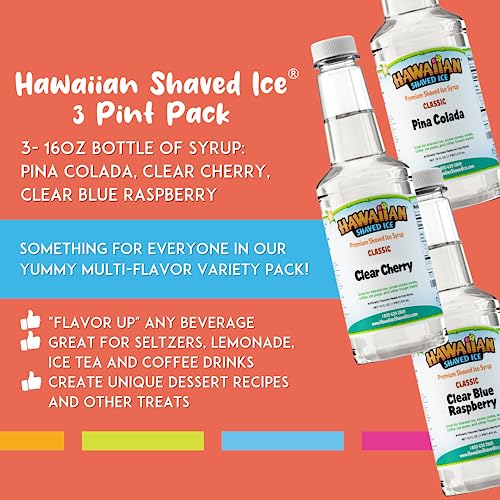 Assorted Hawaiian Shaved Ice Syrup Pack: 3 Bottles of Clear Cherry, Pina Colada, Blue Raspberry. Allergy-Friendly.